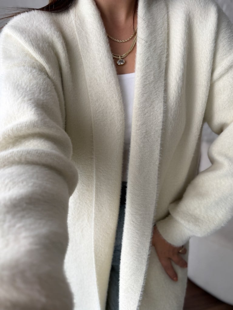 Premium Seri Angora Şal Yaka Maxi Boy Hırka Ekru