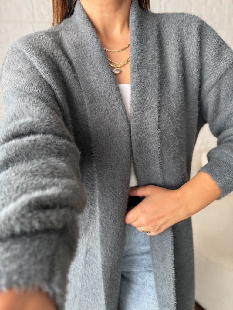 Premium Seri Angora Şal Yaka Maxi Boy Hırka Füme