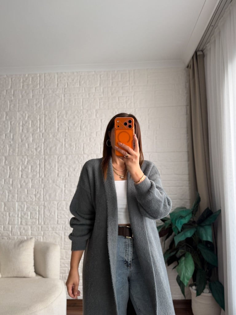 Premium Seri Angora Şal Yaka Maxi Boy Hırka Füme