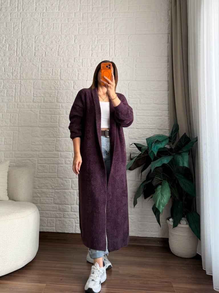 Premium Seri Angora Şal Yaka Maxi Boy Hırka Mor
