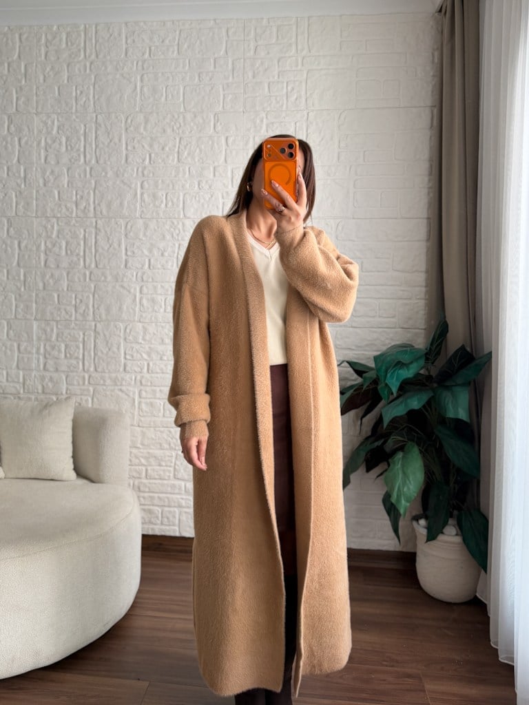 Premium Seri Angora Şal Yaka Maxi Boy Hırka Camel