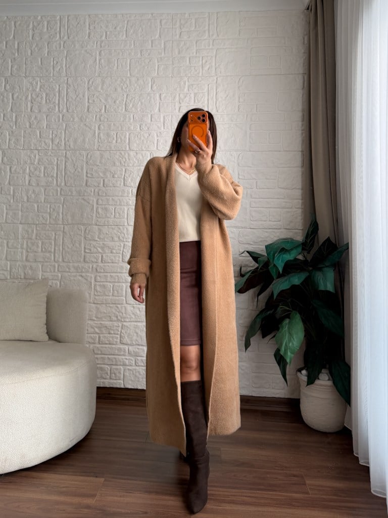 Premium Seri Angora Şal Yaka Maxi Boy Hırka Camel