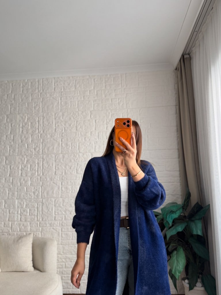 Premium Seri Angora Şal Yaka Maxi Boy Hırka Lacivert