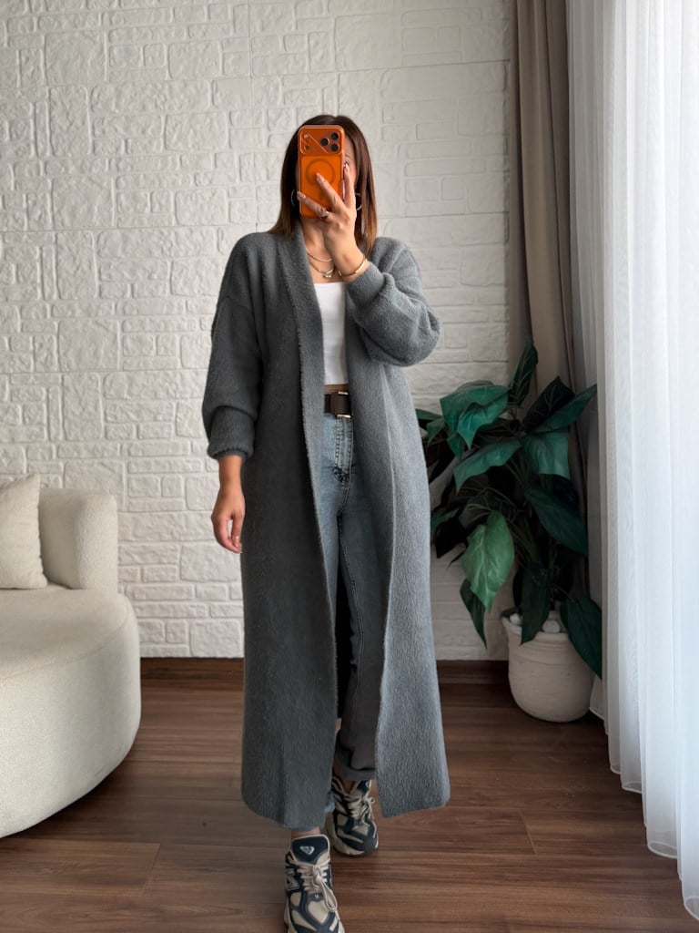 Premium Seri Angora Şal Yaka Maxi Boy Hırka Füme