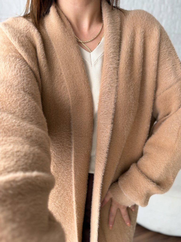 Premium Seri Angora Şal Yaka Maxi Boy Hırka Camel