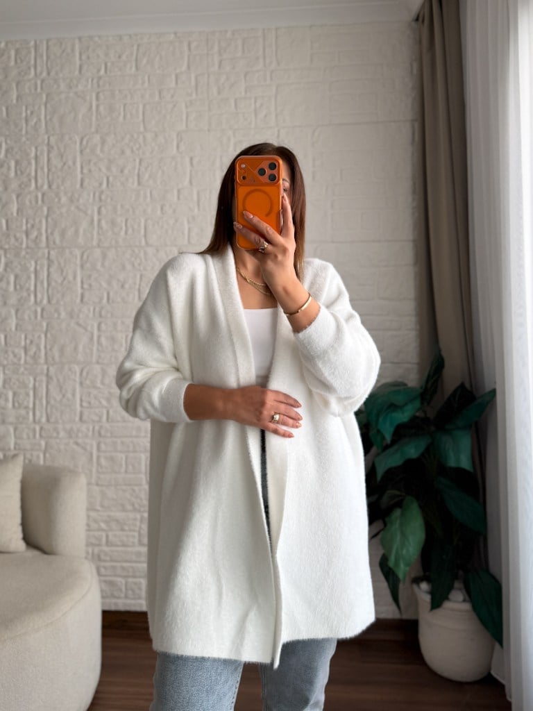 Premium Seri Angora Şal Yaka Midi Boy Hırka Beyaz
