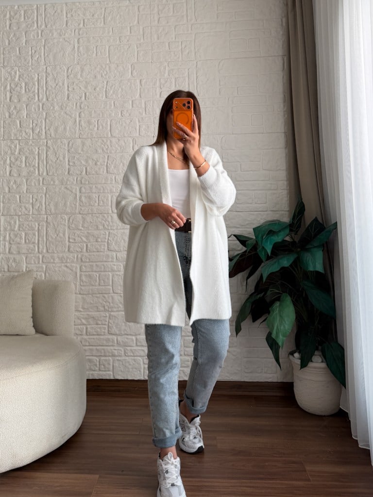 Premium Seri Angora Şal Yaka Midi Boy Hırka Beyaz