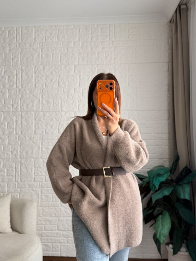 Premium Seri Angora Şal Yaka Midi Boy Hırka Vizon