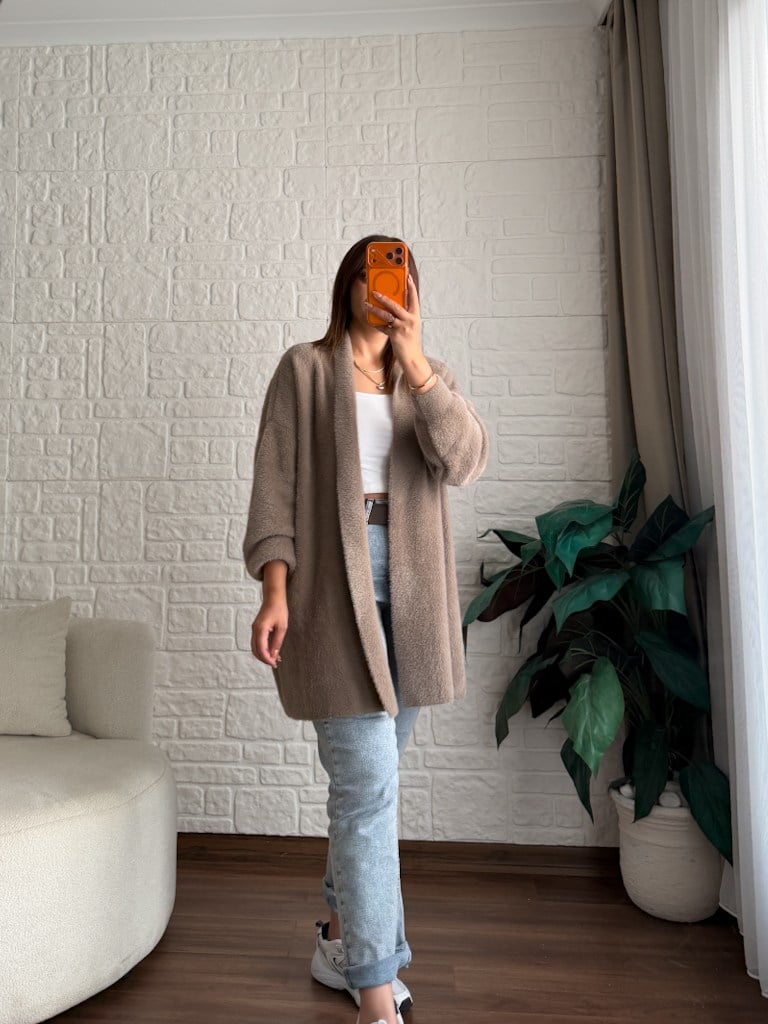 Premium Seri Angora Şal Yaka Midi Boy Hırka Vizon