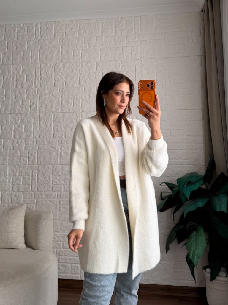 Premium Seri Angora Şal Yaka Midi Boy Hırka Ekru