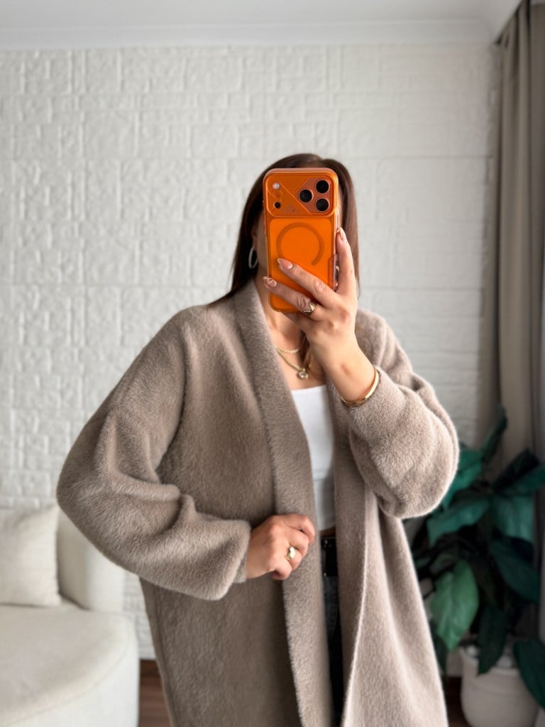 Premium Seri Angora Şal Yaka Midi Boy Hırka Vizon