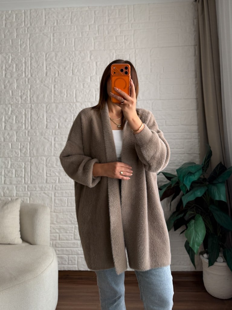 Premium Seri Angora Şal Yaka Midi Boy Hırka Vizon