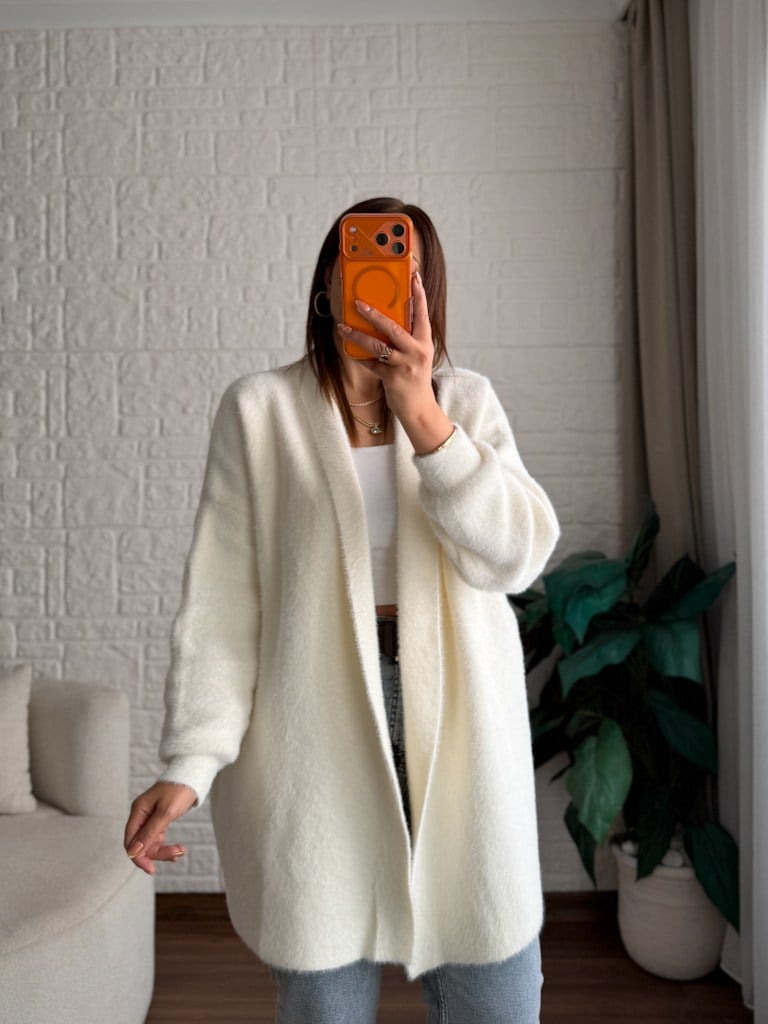 Premium Seri Angora Şal Yaka Midi Boy Hırka Ekru
