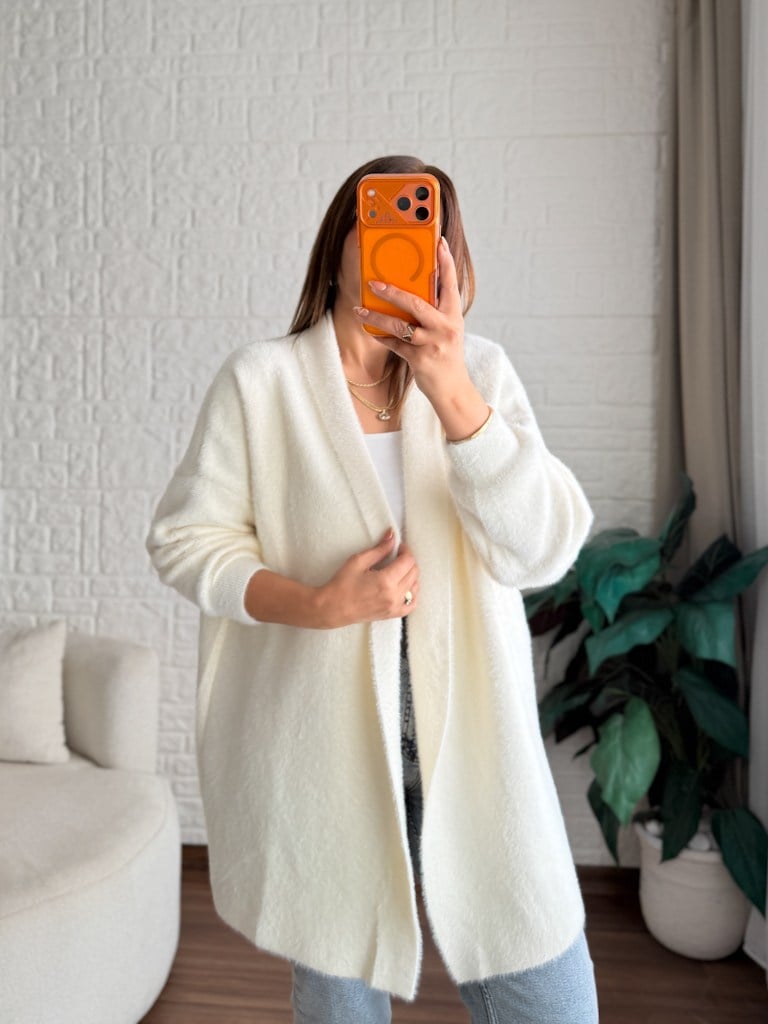 Premium Seri Angora Şal Yaka Midi Boy Hırka Ekru