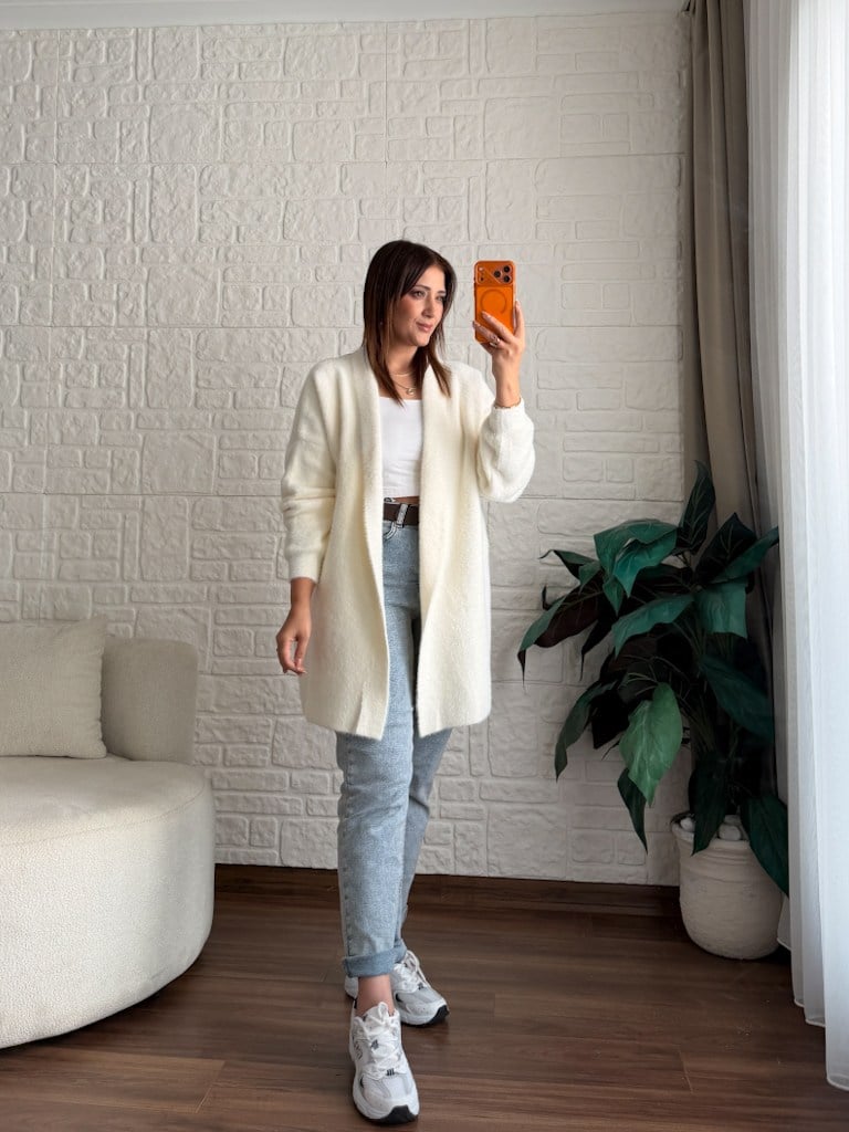 Premium Seri Angora Şal Yaka Midi Boy Hırka Ekru