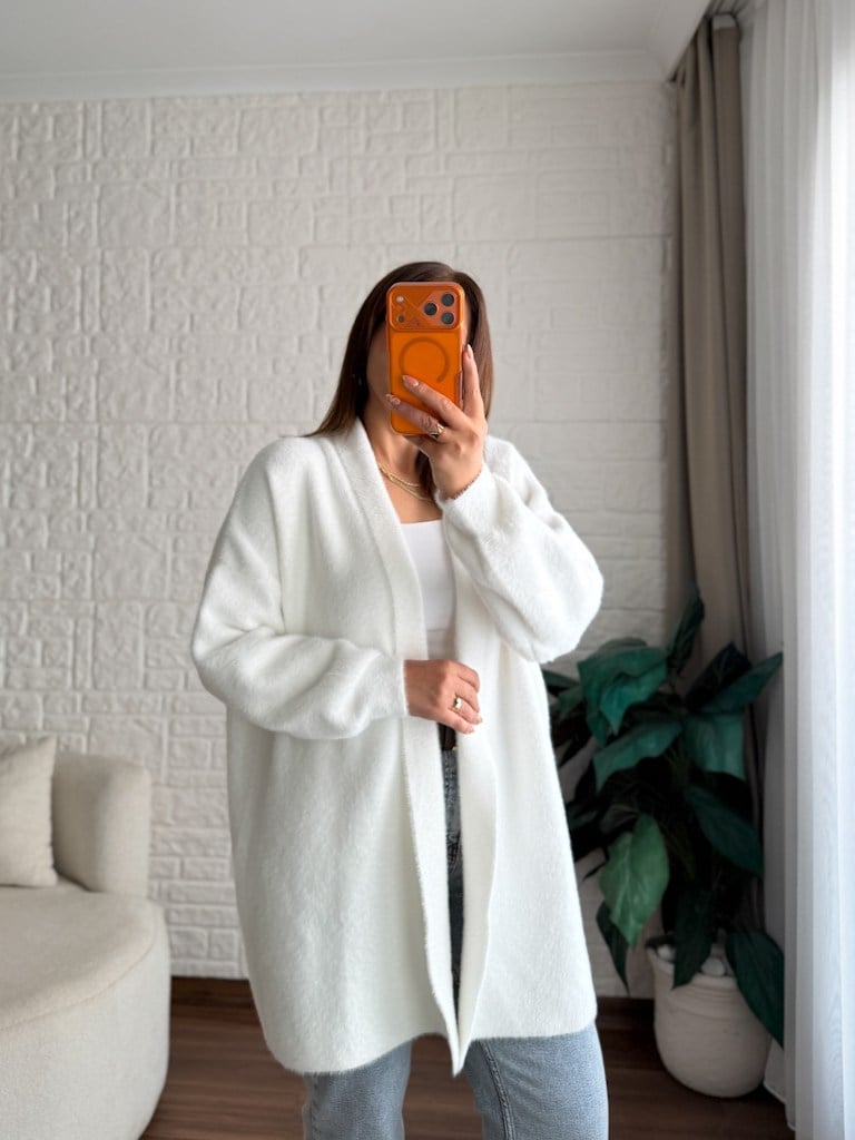 Premium Seri Angora Şal Yaka Midi Boy Hırka Beyaz