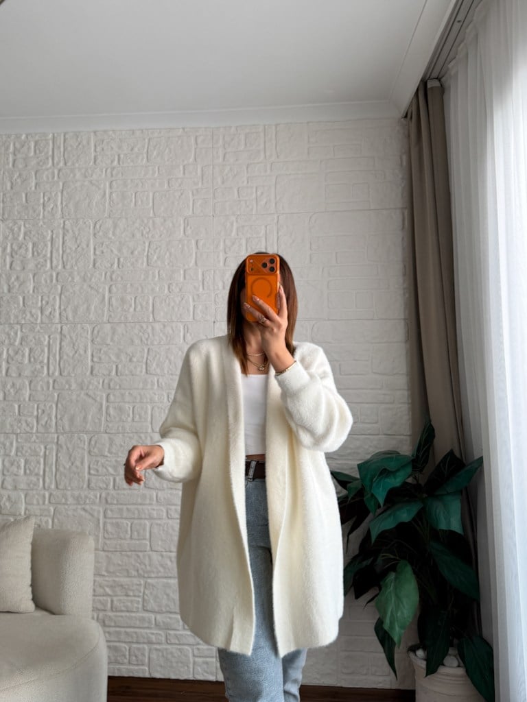 Premium Seri Angora Şal Yaka Midi Boy Hırka Ekru