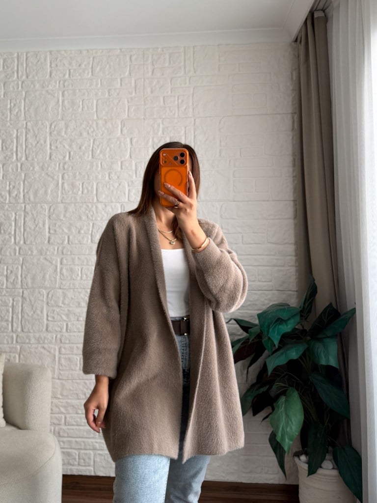 Premium Seri Angora Şal Yaka Midi Boy Hırka Vizon