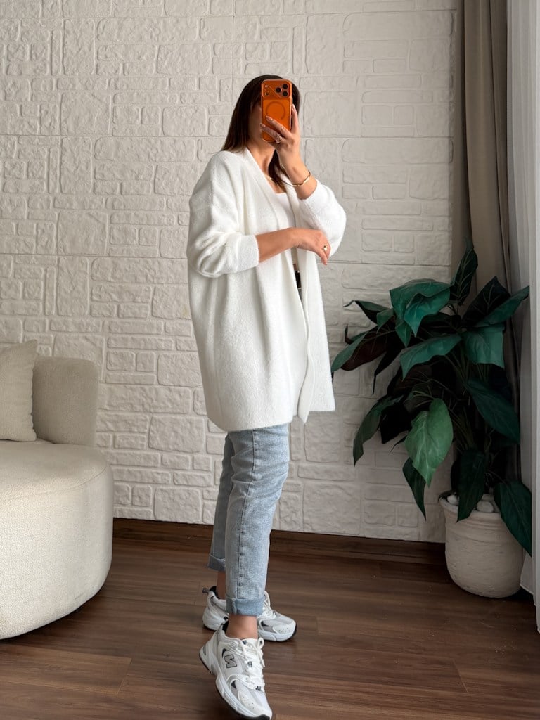 Premium Seri Angora Şal Yaka Midi Boy Hırka Beyaz