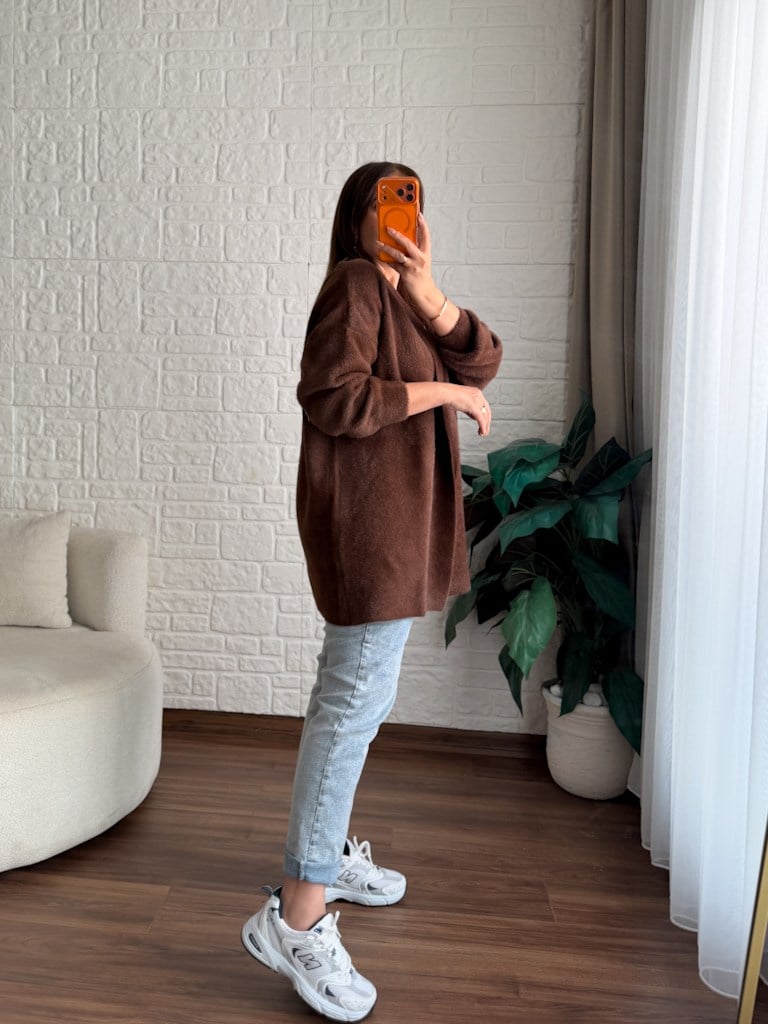Premium Seri Angora Şal Yaka Midi Boy Hırka Kahverengi