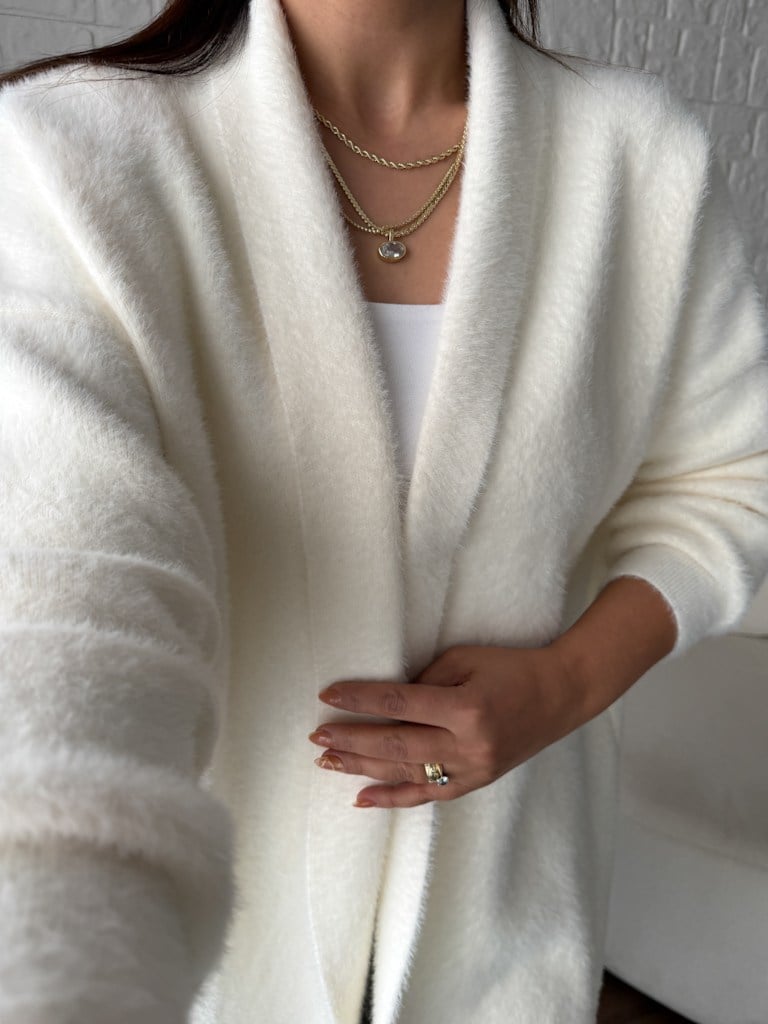 Premium Seri Angora Şal Yaka Midi Boy Hırka Ekru