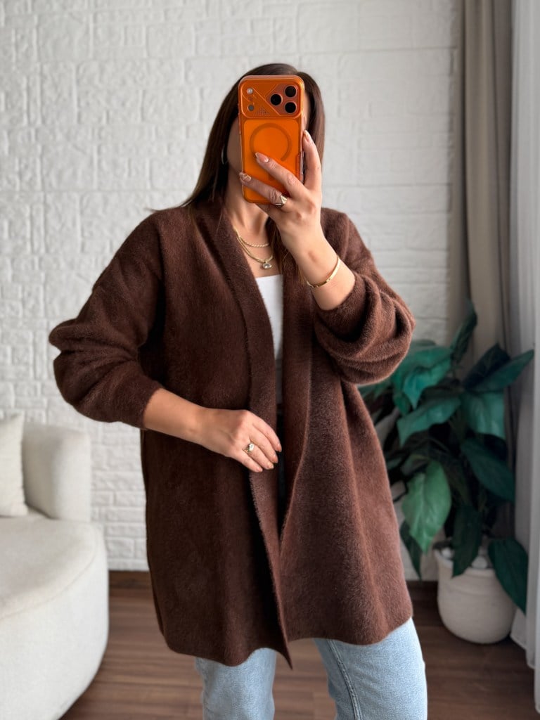 Premium Seri Angora Şal Yaka Midi Boy Hırka Kahverengi