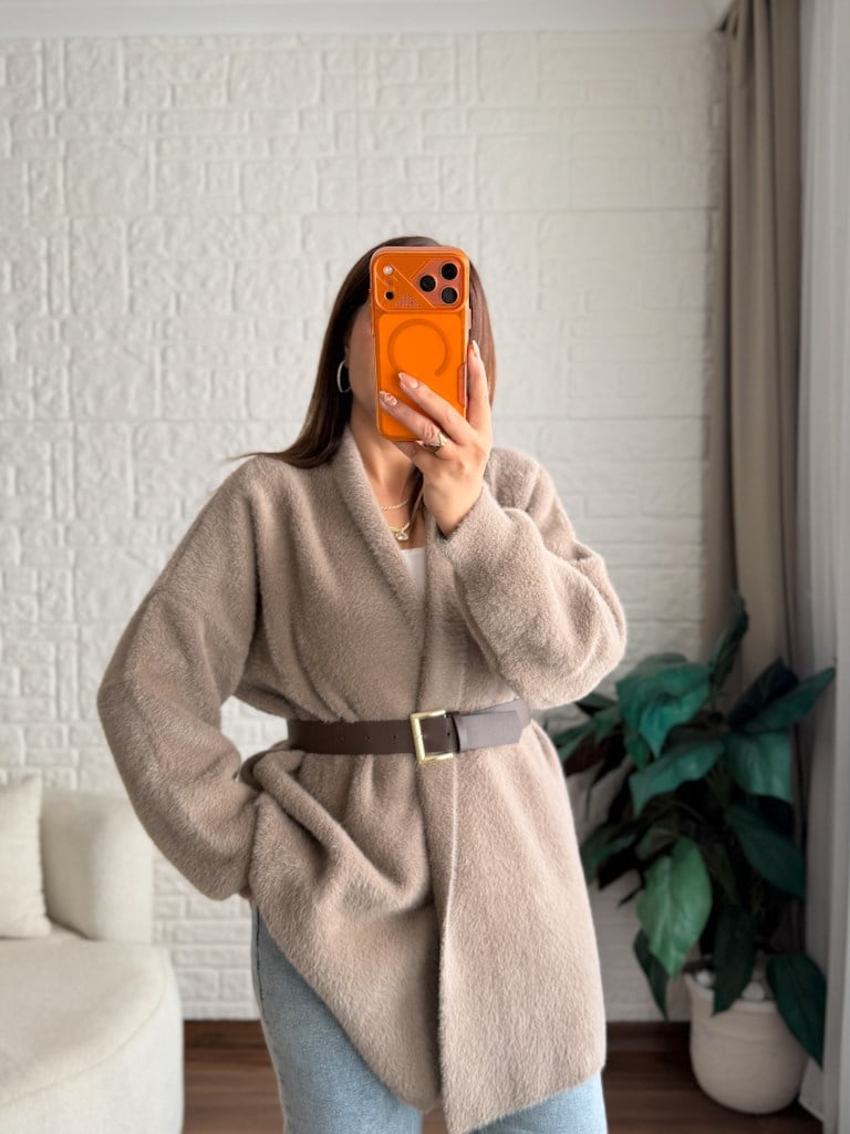 Premium Seri Angora Şal Yaka Midi Boy Hırka Vizon