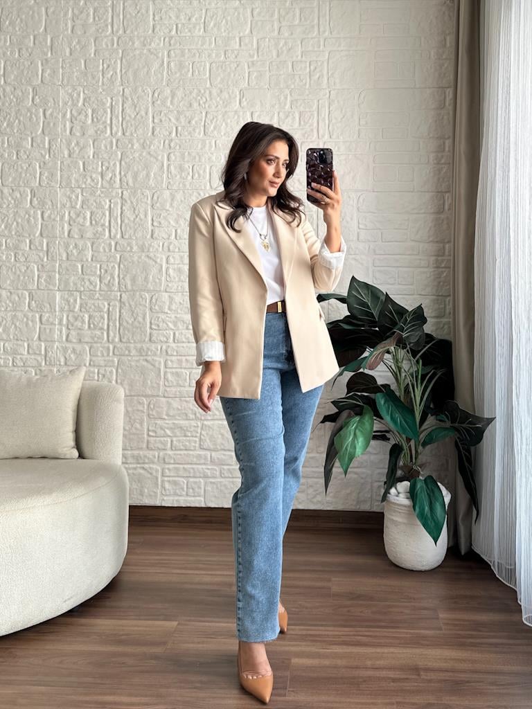 Premium Seri Astarlı Çizgili Blazer Ceket Krem