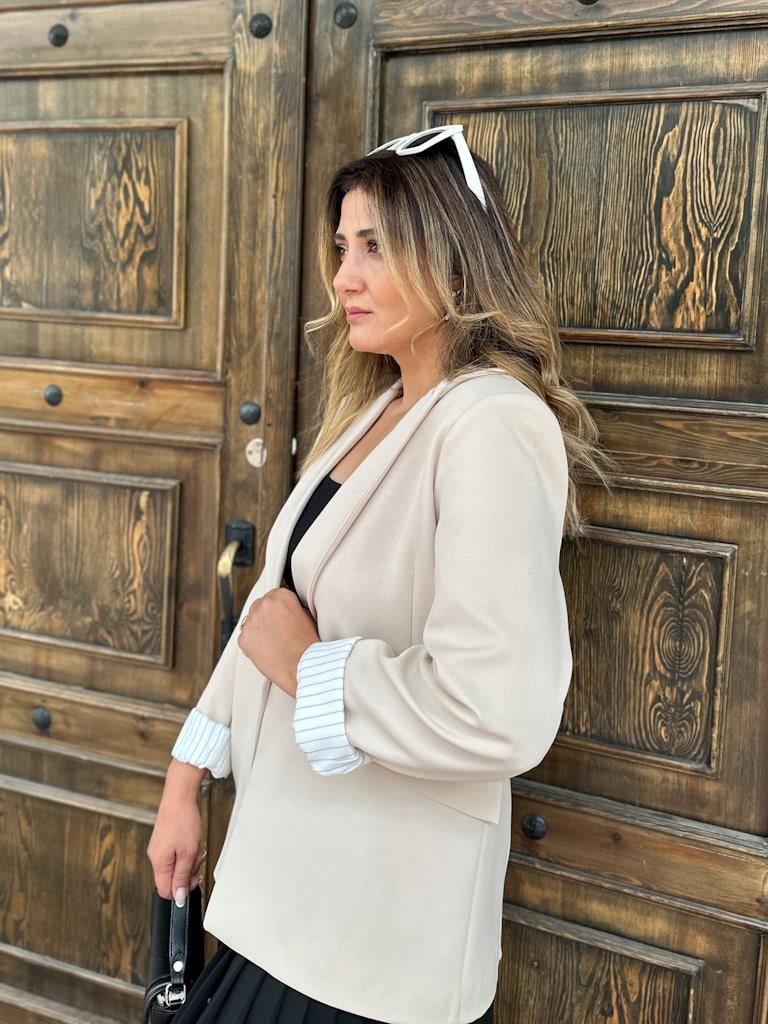 Premium Seri Astarlı Çizgili Blazer Ceket Krem