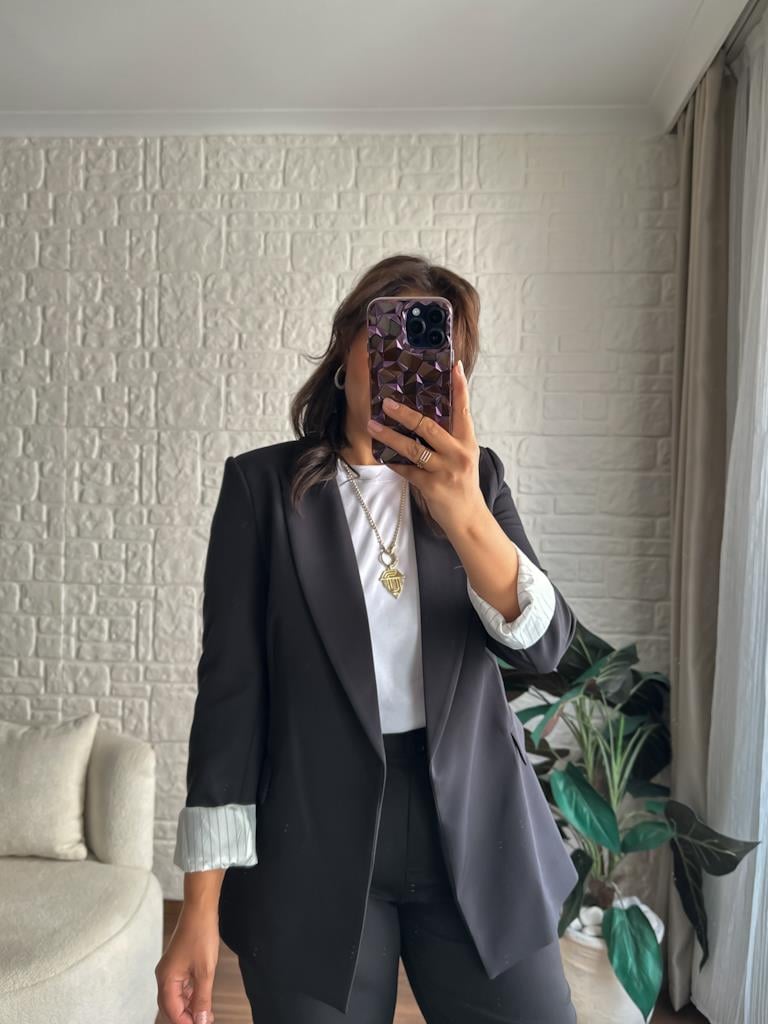 Premium Seri Astarlı Çizgili Blazer Ceket Siyah