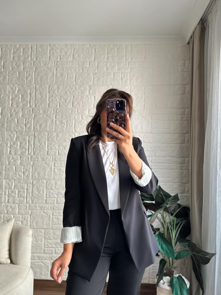 Premium Seri Astarlı Çizgili Blazer Ceket Siyah