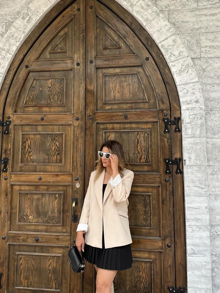 Premium Seri Astarlı Çizgili Blazer Ceket Krem