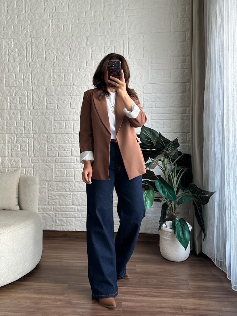 Premium Seri Astarlı Çizgili Blazer Ceket Kahverengi