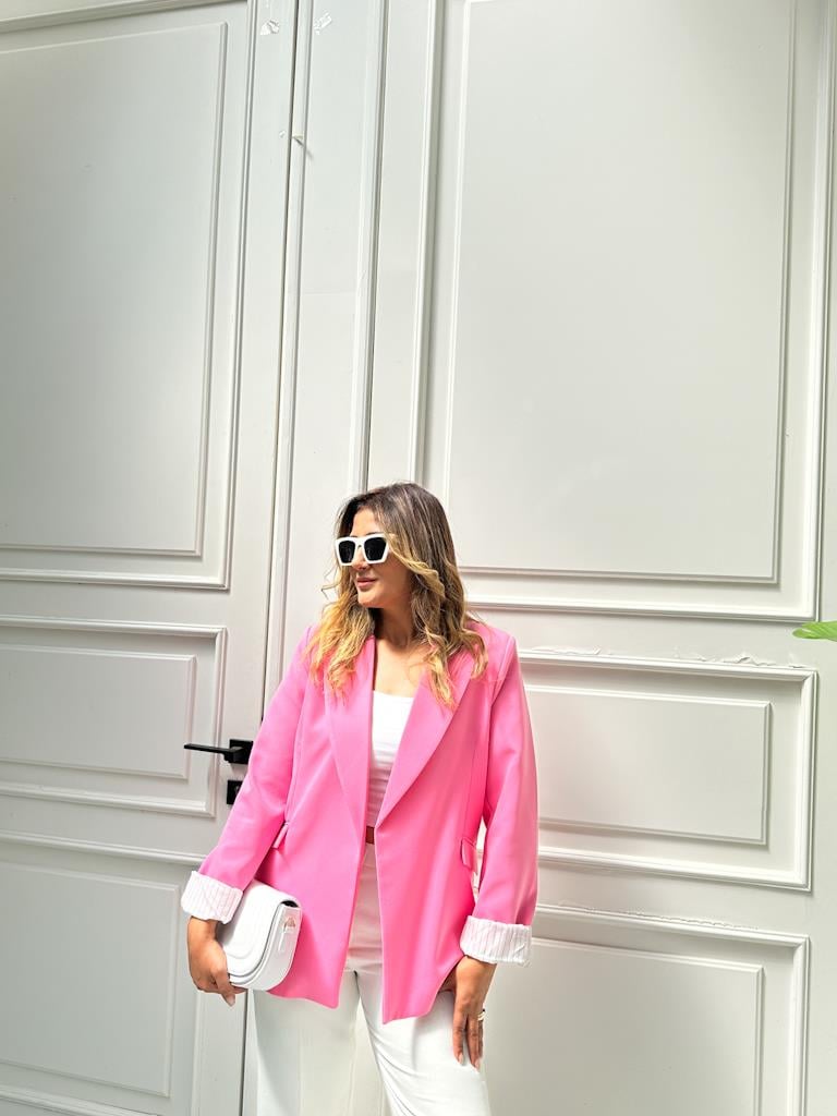 Premium Seri Astarlı Çizgili Blazer Ceket Şeker Pembe