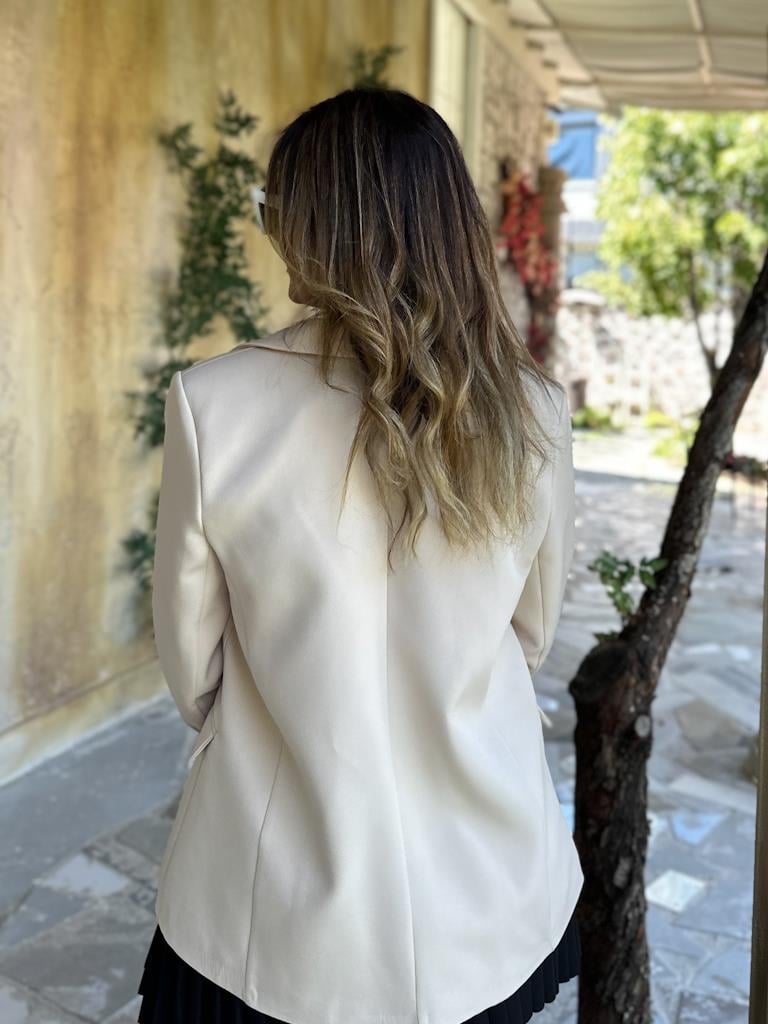 Premium Seri Astarlı Çizgili Blazer Ceket Krem