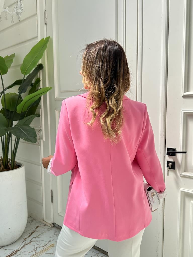Premium Seri Astarlı Çizgili Blazer Ceket Şeker Pembe