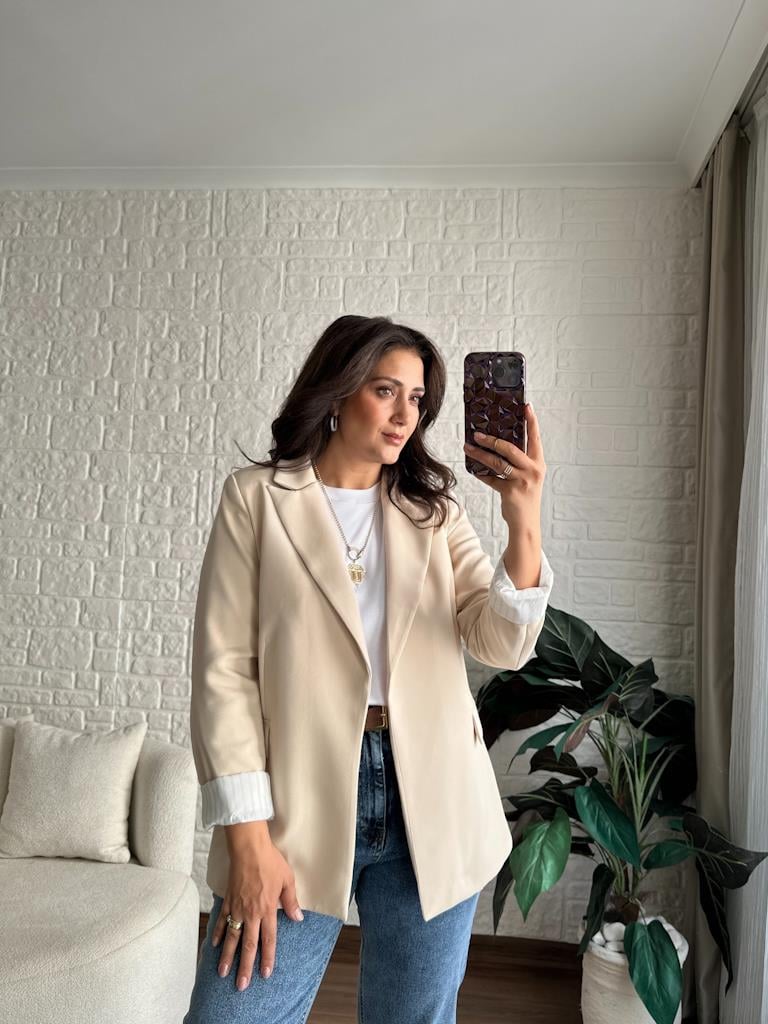 Premium Seri Astarlı Çizgili Blazer Ceket Krem