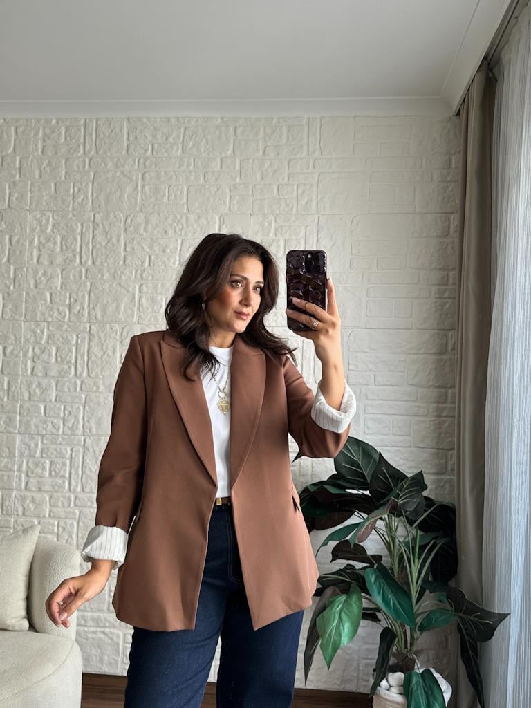 Premium Seri Astarlı Çizgili Blazer Ceket Kahverengi