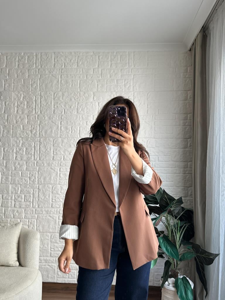 Premium Seri Astarlı Çizgili Blazer Ceket Kahverengi