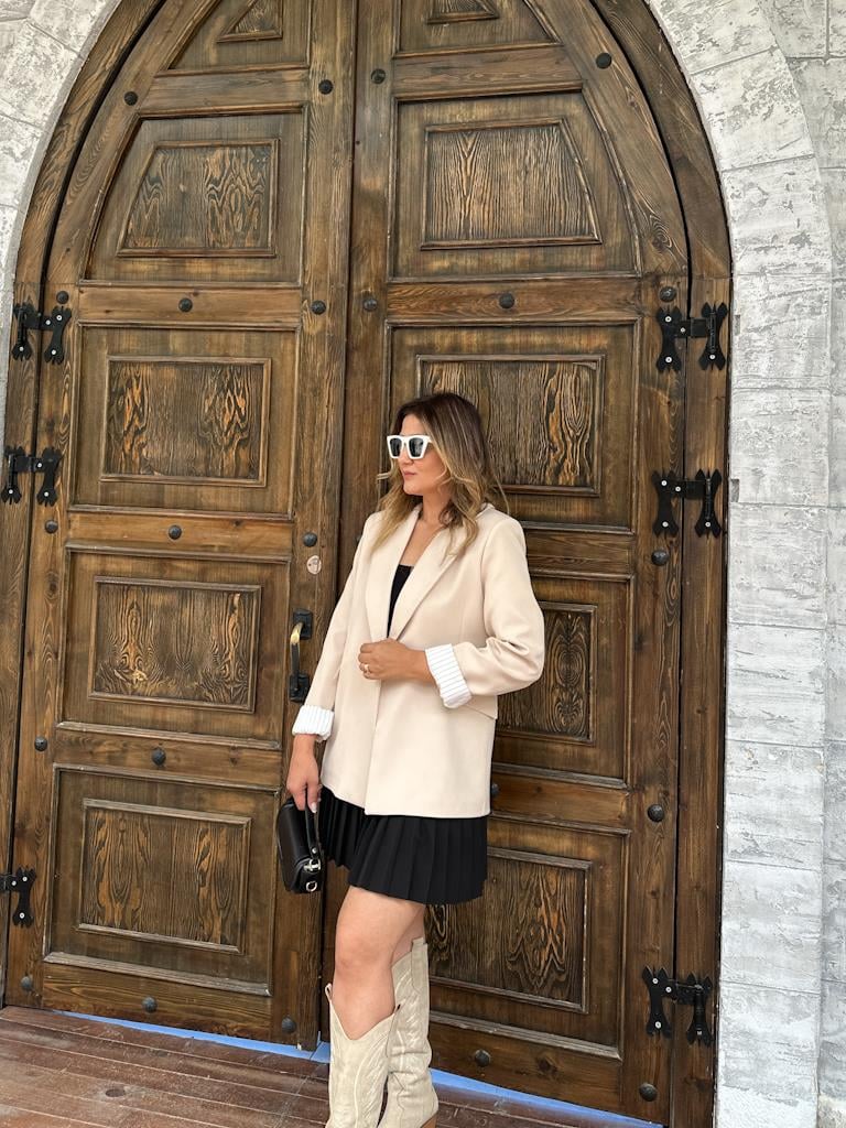 Premium Seri Astarlı Çizgili Blazer Ceket Krem