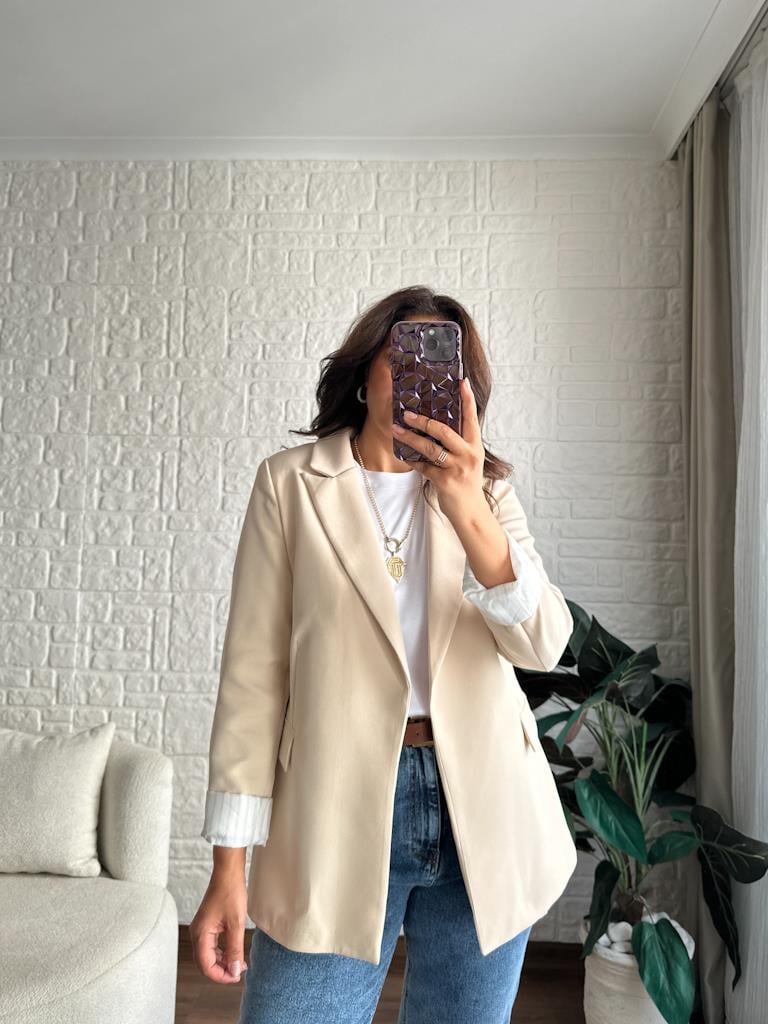 Premium Seri Astarlı Çizgili Blazer Ceket Krem