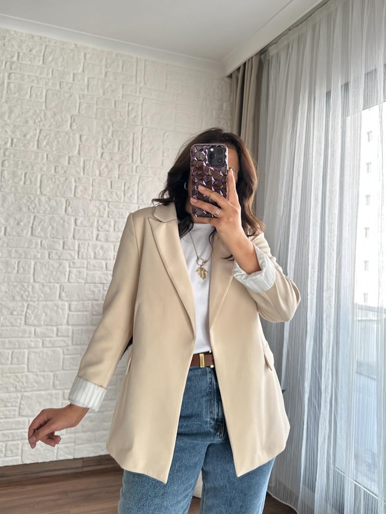 Premium Seri Astarlı Çizgili Blazer Ceket Krem