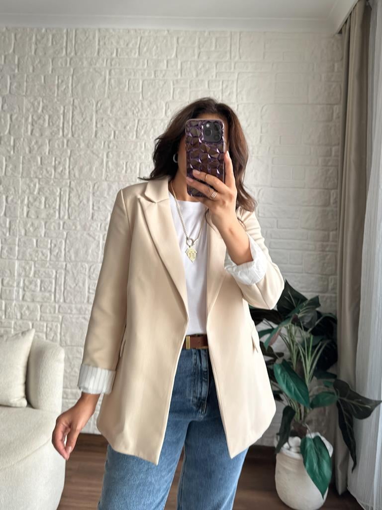 Premium Seri Astarlı Çizgili Blazer Ceket Krem