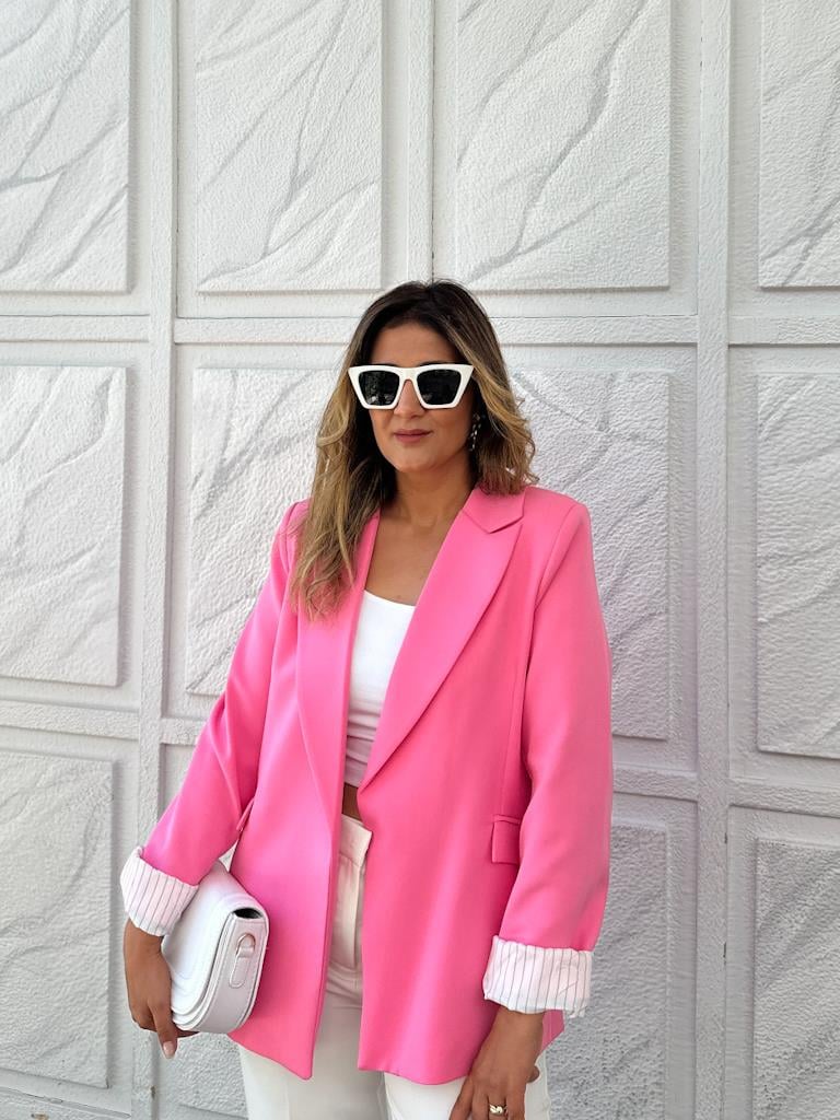 Premium Seri Astarlı Çizgili Blazer Ceket Şeker Pembe
