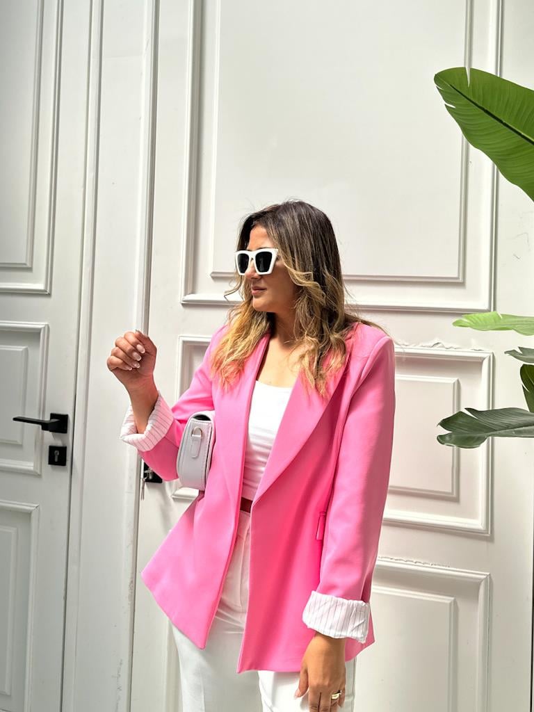 Premium Seri Astarlı Çizgili Blazer Ceket Şeker Pembe