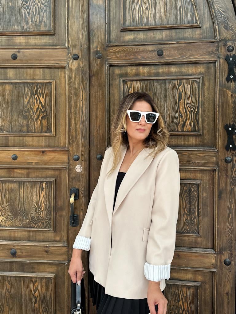Premium Seri Astarlı Çizgili Blazer Ceket Krem