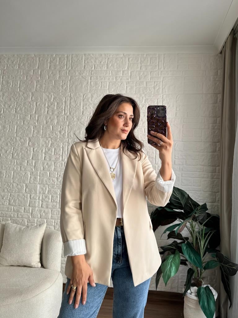 Premium Seri Astarlı Çizgili Blazer Ceket Krem