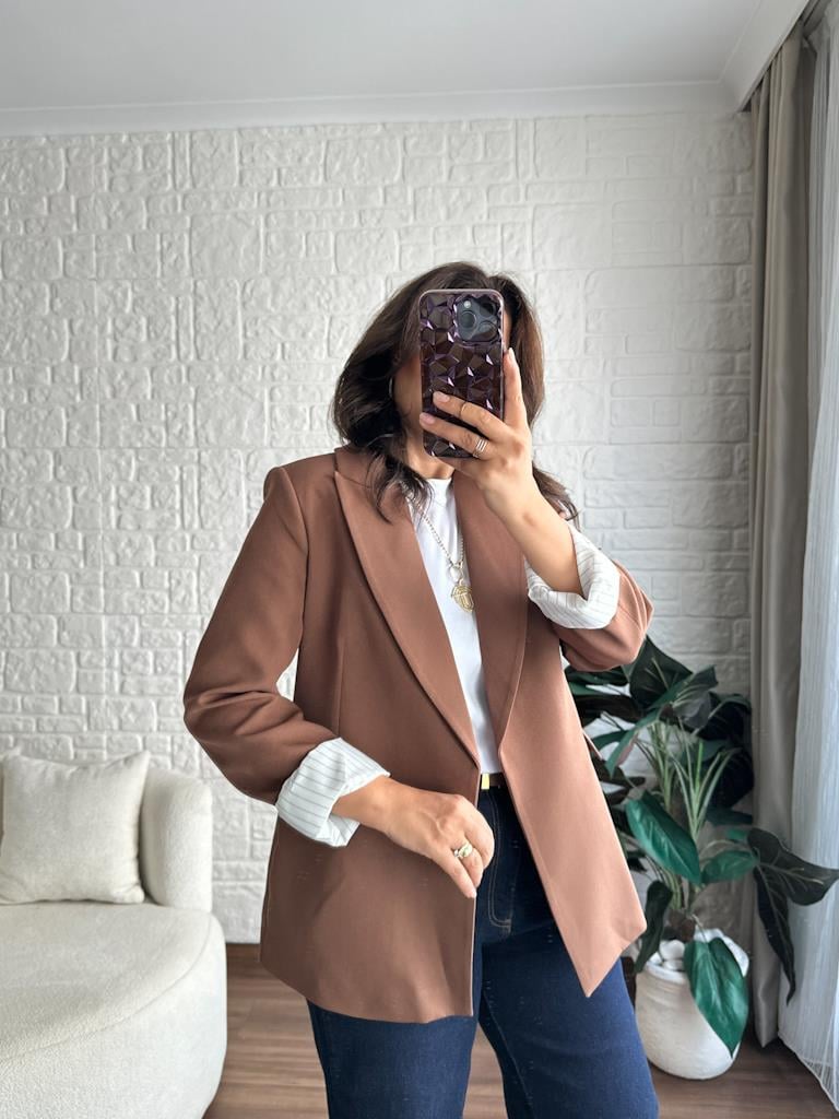 Premium Seri Astarlı Çizgili Blazer Ceket Kahverengi