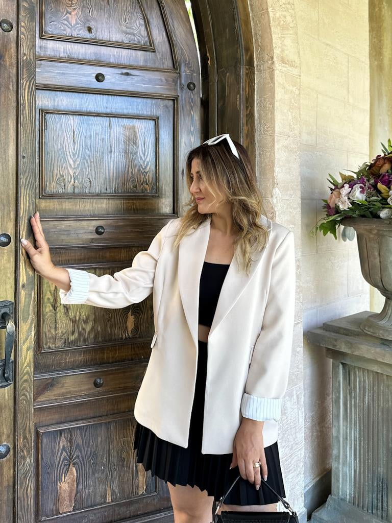 Premium Seri Astarlı Çizgili Blazer Ceket Krem