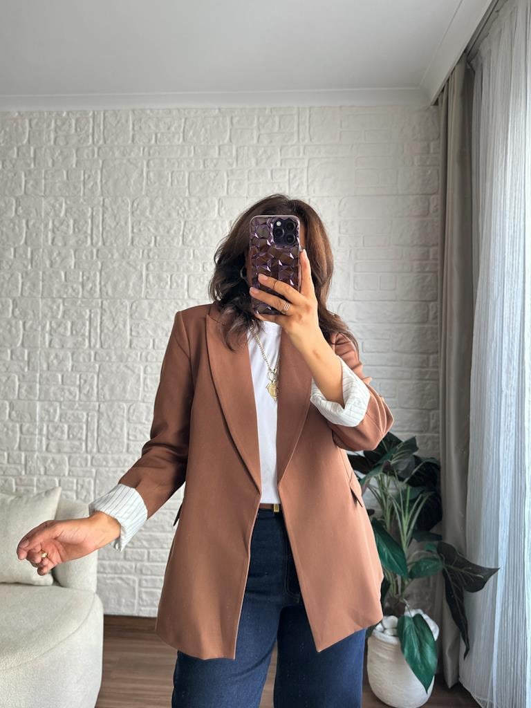 Premium Seri Astarlı Çizgili Blazer Ceket Kahverengi
